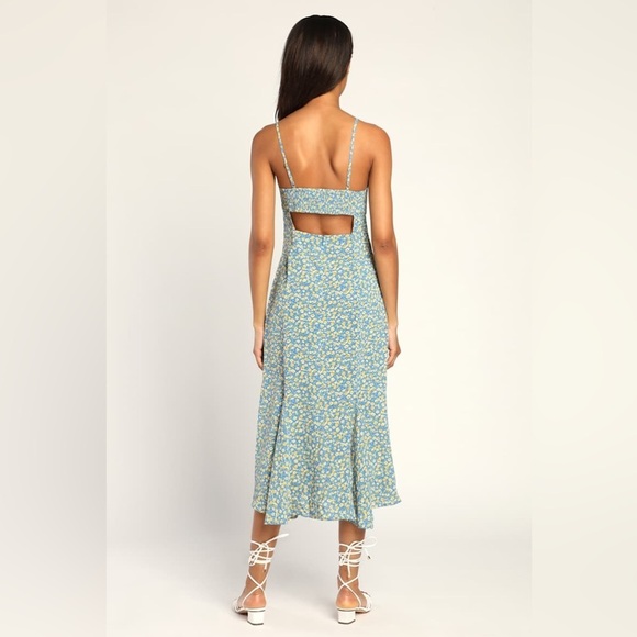 Lulus Adorably Floral Blue Floral Print Cutout Midi Dress - Picture 2 of 6